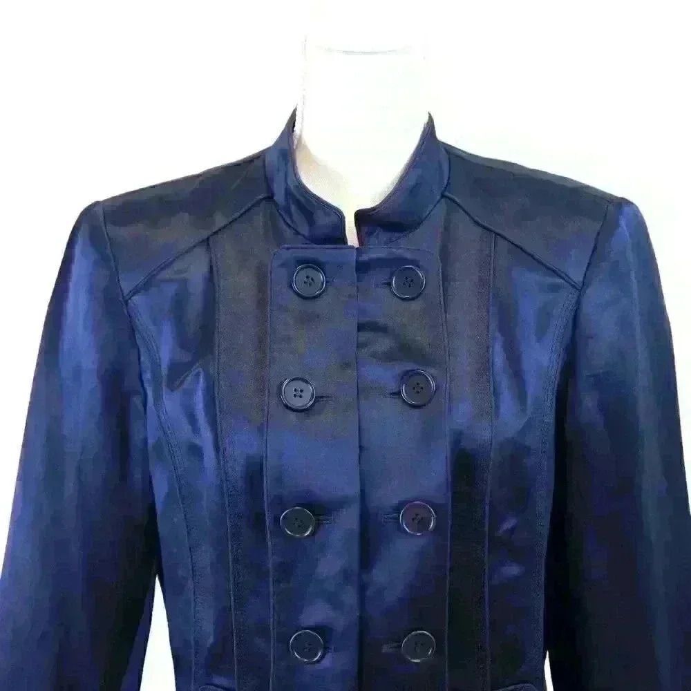 VINTAGE Calvin Klein Linen & Silk Midnight Blue Military Style Coat Size‎ 12 - Picture 6 of 7